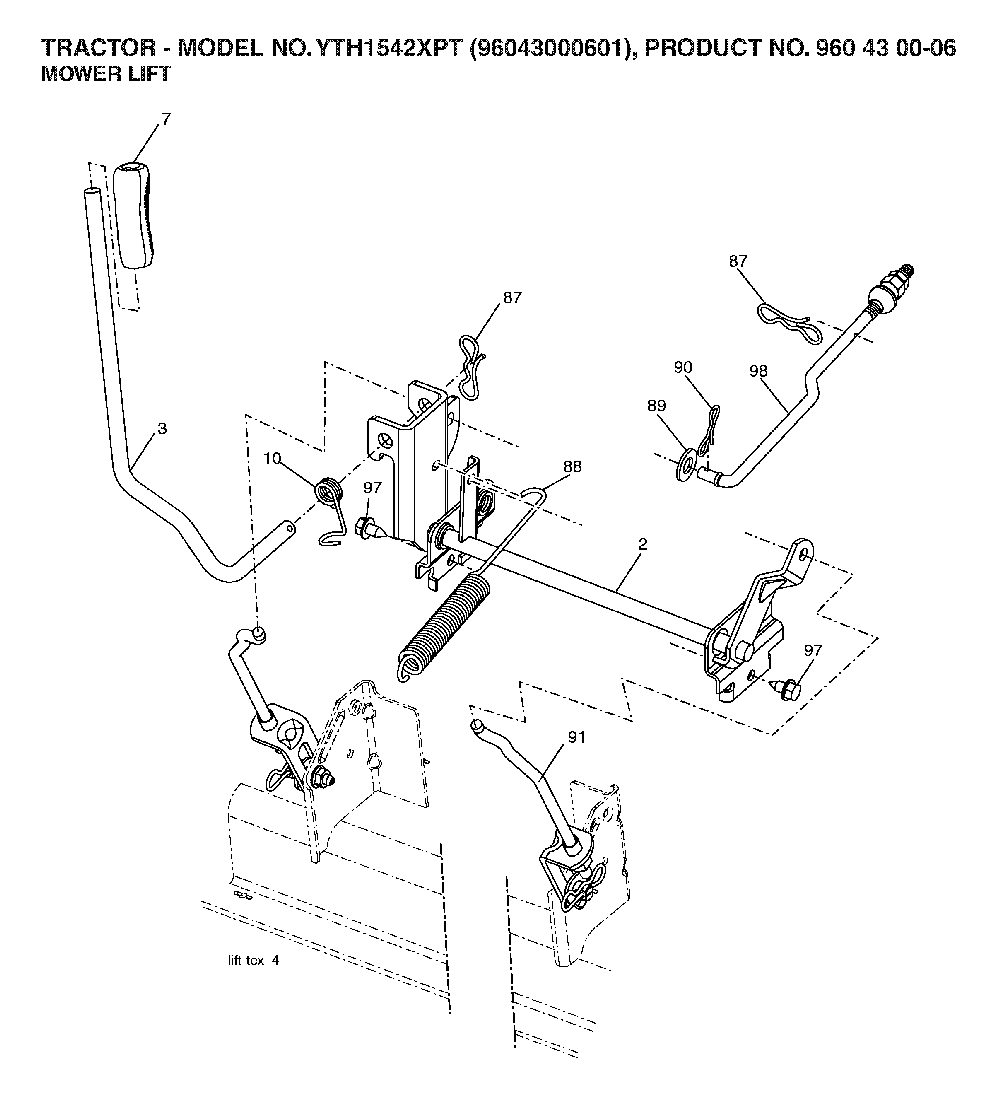 Mower Lift / Deck Lift Diagram and Parts List for YTH1542XPT (96043000601)(2006-03) Husqvarna Lawn Tractor
