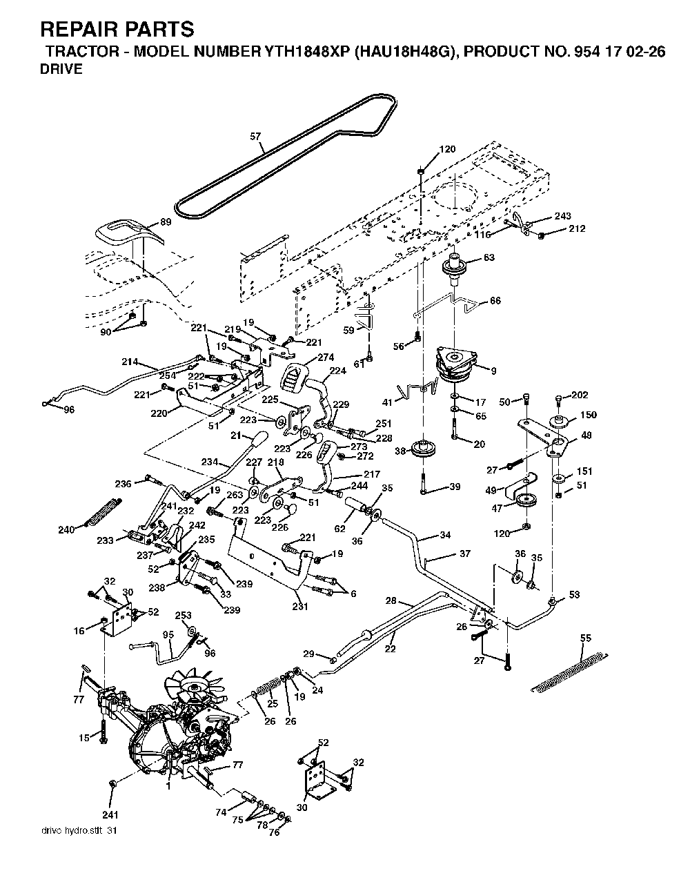 Drive Diagram and Parts List for YTH1848XP (HAU18H48G, 954170226)(2004-09) Husqvarna Lawn Tractor