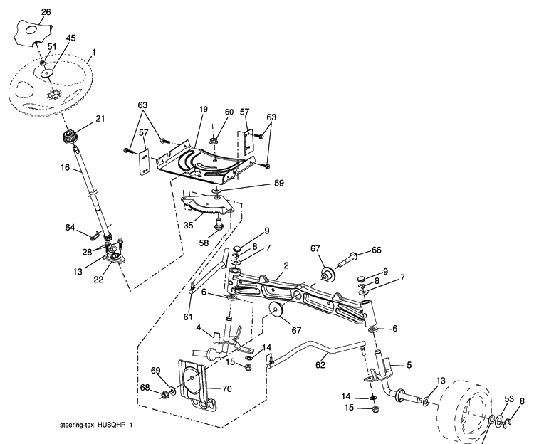 Steering Assembly Diagram and Parts List for YTH21K46 (96045002100)(2009-08) Husqvarna Lawn Mower