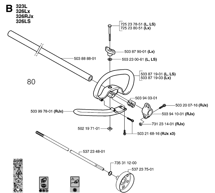 Shaft And Handle 2 Diagram and Parts List for 323R 20070100001-20144900000 Husqvarna Brush Cutter