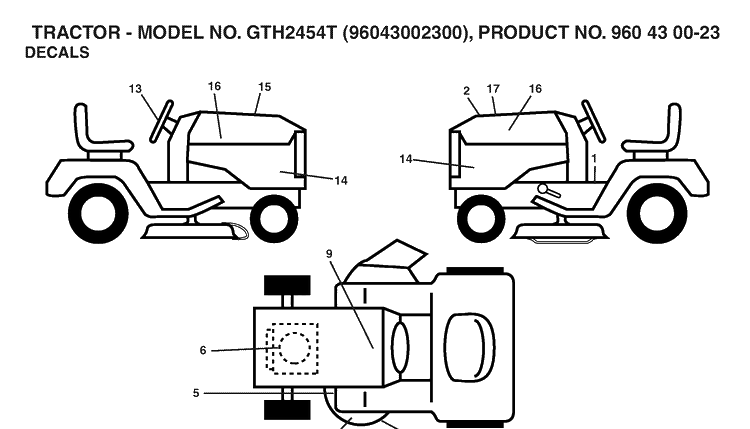 Decals Diagram and Parts List for GTH2454T (96043002300)(2006-03) Husqvarna Lawn Tractor
