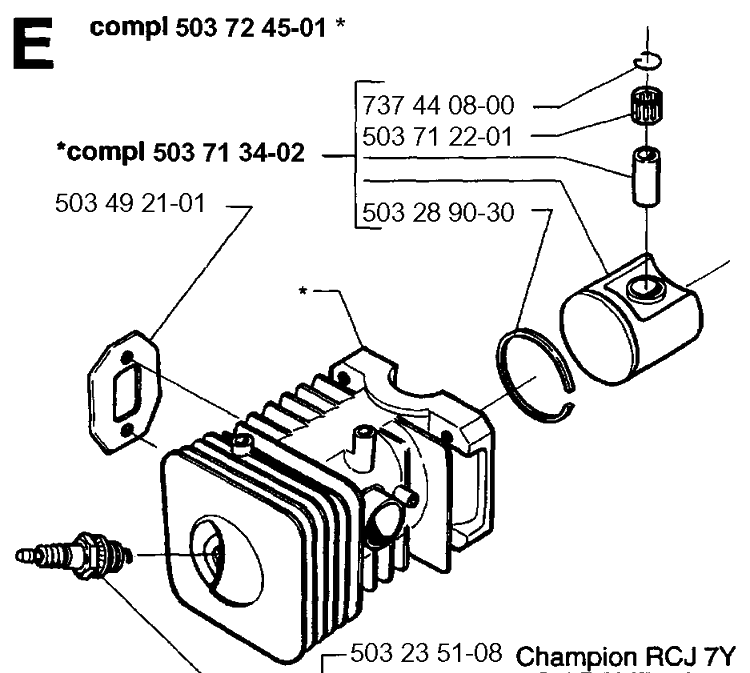 Cylinder Piston Diagram and Parts List for 225H75 19960500001-19970500000 Husqvarna Hedge Trimmer