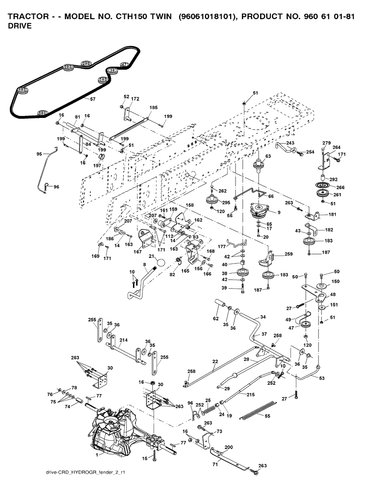 Drive Diagram and Parts List for CTH150 (96061018101)(2008-07) Husqvarna Lawn Tractor