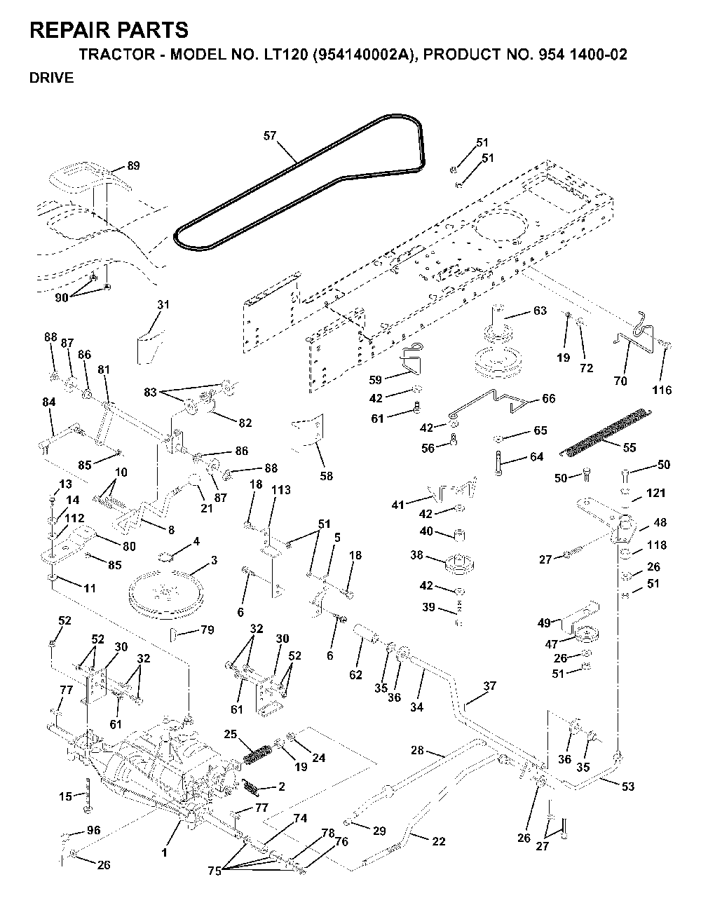 Drive Diagram and Parts List for LT120 (954140002A)(1997-01) Husqvarna Lawn Tractor