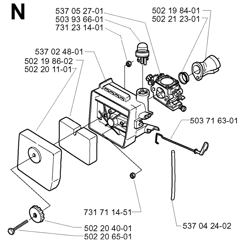 Carburetor And Air Filter Diagram and Parts List for 232RD 20001400001 & Above Husqvarna Trimmer