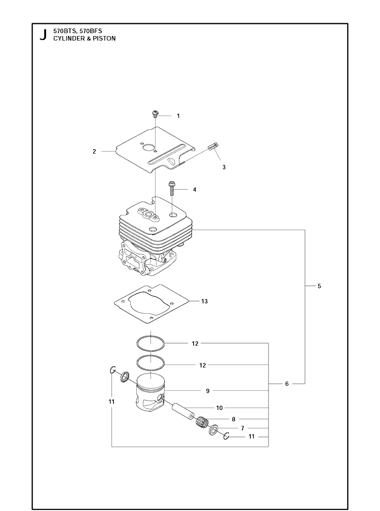 Cylinder Piston Diagram and Parts List for 570BTS 20111800001-Current Husqvarna Leaf Blower / Vacuum