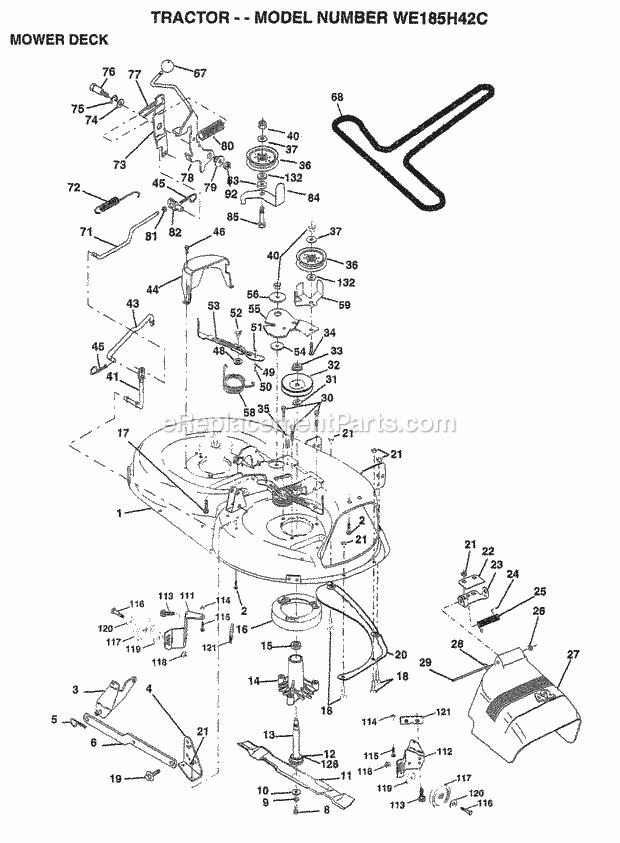 Mower Deck Diagram and Parts List for WE185H42C 1997 Husqvarna Lawn Tractor