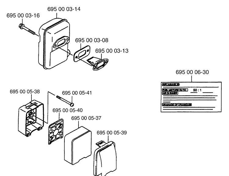 Muffler And Air Filter Diagram and Parts List for 145BT 1997-05 Husqvarna Leaf Blower / Vacuum