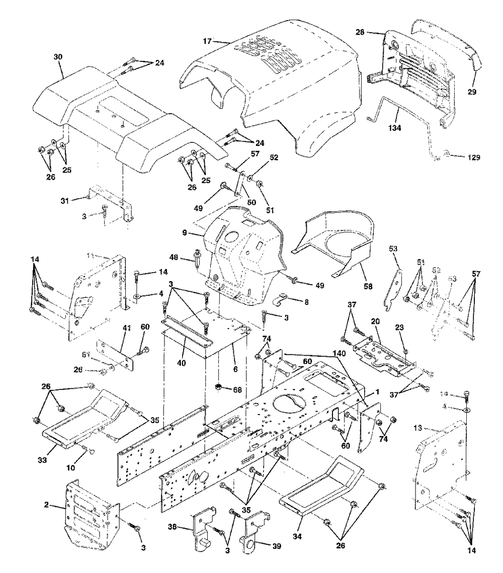 Chassis / Enclosures Diagram and Parts List for YT150 (954840021-B)(1996-04) Husqvarna Lawn Tractor