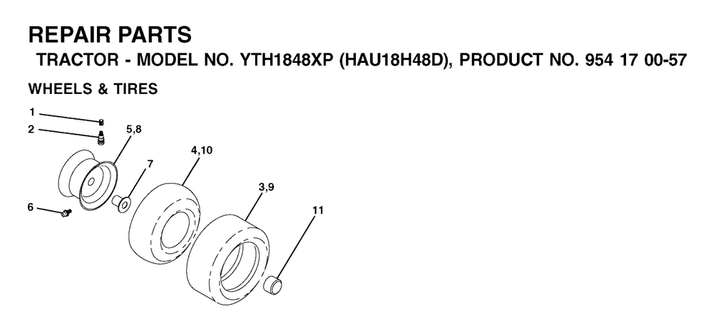 Wheels And Tires Diagram and Parts List for YTH1848XP (954170057-D)(2003-01) Husqvarna Lawn Tractor