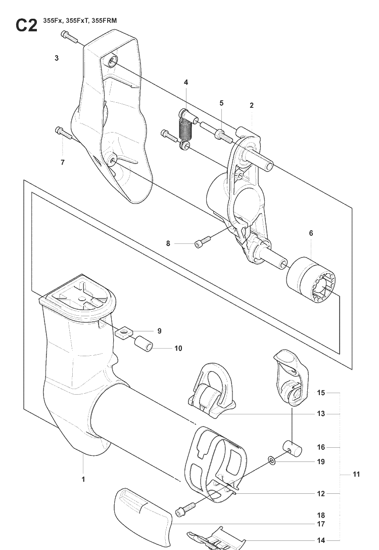 Tower Diagram and Parts List for 355FX 20082700001-20192999999 Husqvarna Brush Cutter
