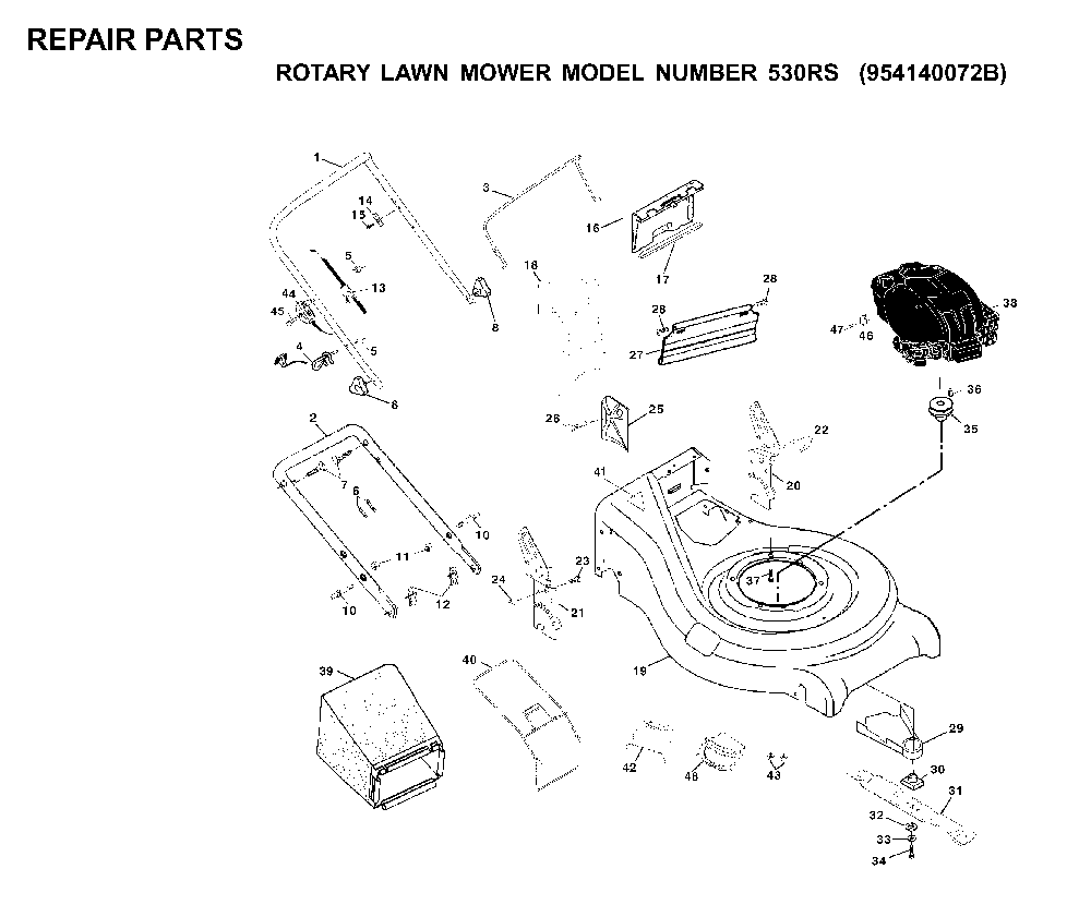 Repair Parts Diagram and Parts List for 530RS (954140072 B)(1999-05) Husqvarna Lawn Mower