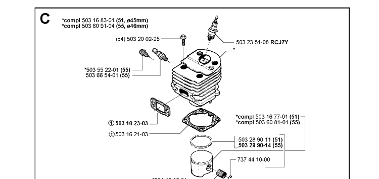 Cylinder Piston Diagram and Parts List for 51 19982300001-20001900000 Husqvarna Chainsaw