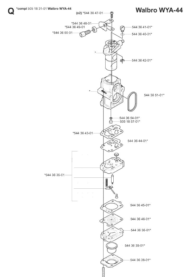 Carburetor Details Diagram and Parts List for 180BF 20080500001-20084000000 Husqvarna Leaf Blower / Vacuum