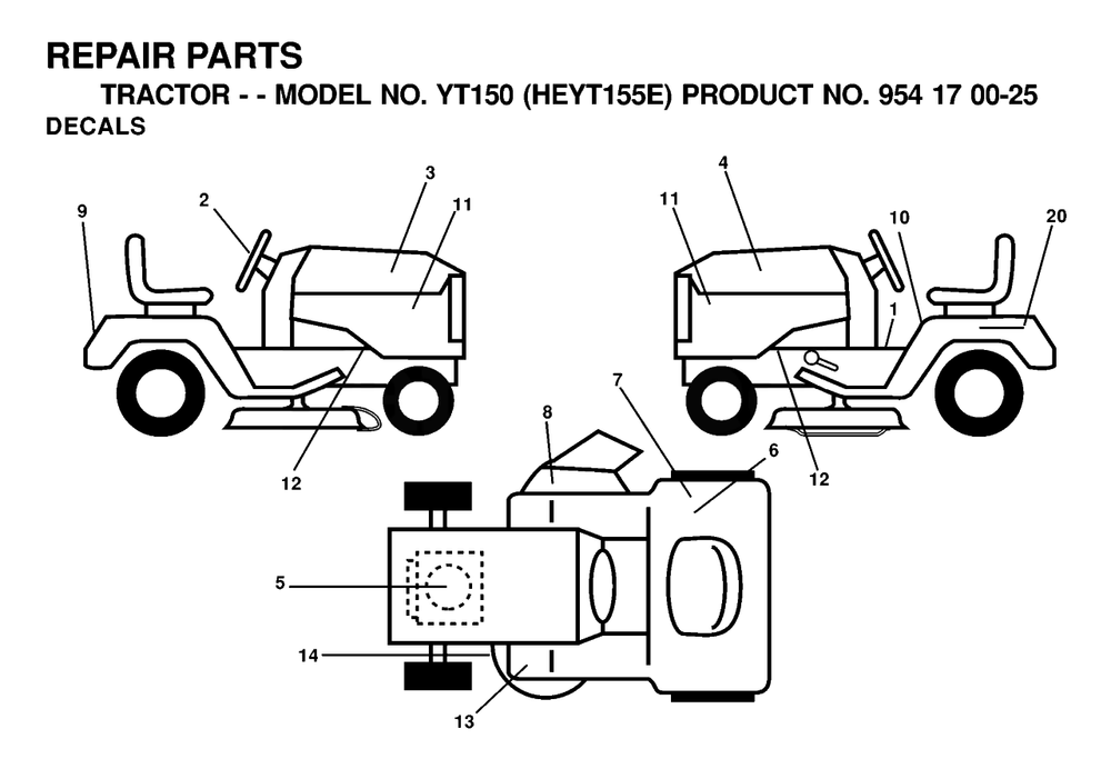 Decals Diagram and Parts List for YT150 (954170025-E)(2000-03) Husqvarna Lawn Tractor