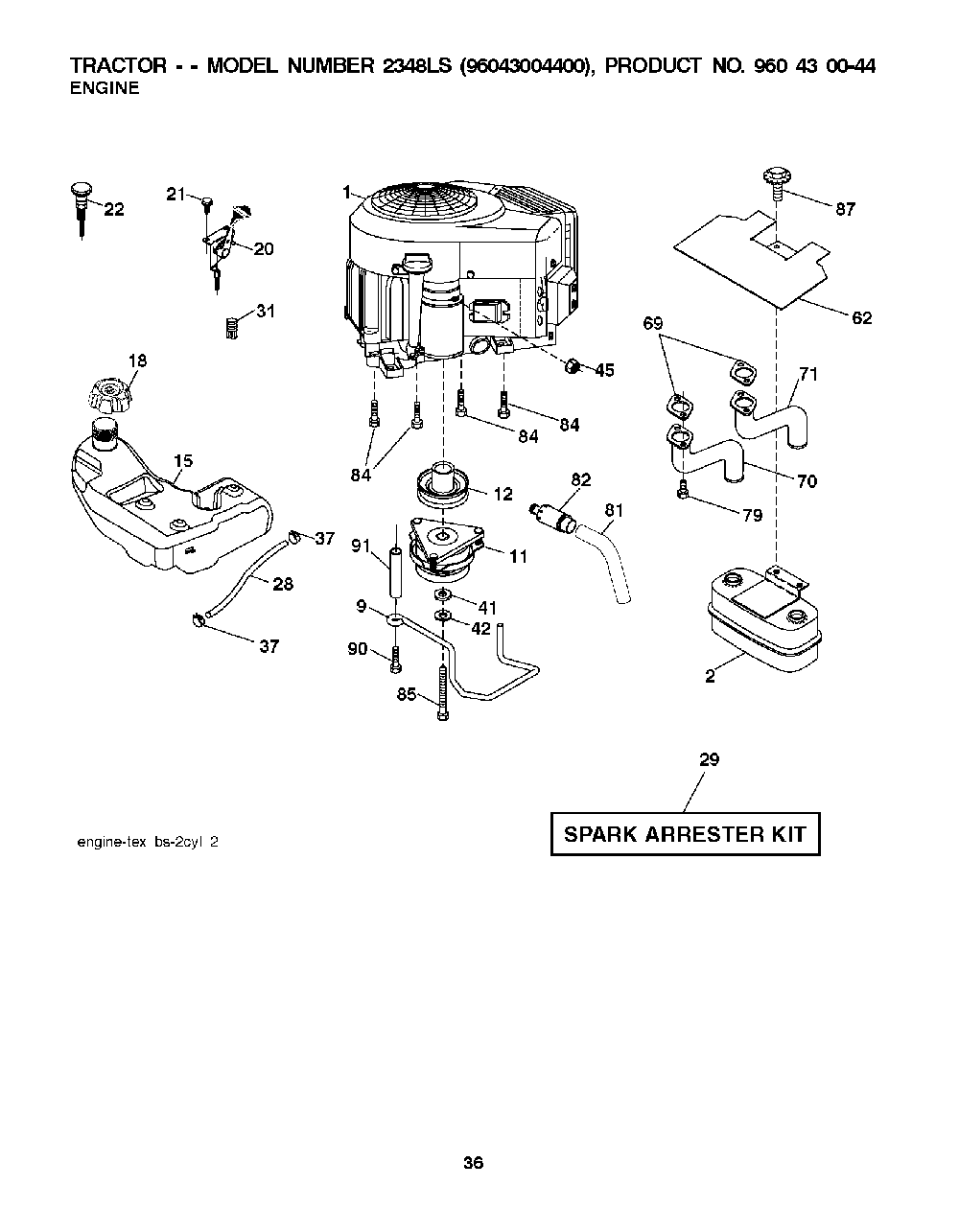 Engine Diagram and Parts List for 2348LS (96043004400)(2008-01) Husqvarna Lawn Tractor
