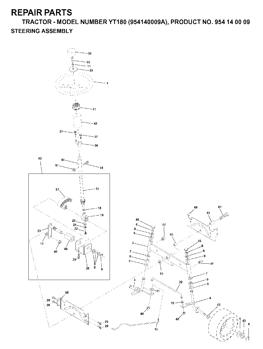 Steering Diagram and Parts List for YT180 (954140009A)(1997-01) Husqvarna Lawn Tractor