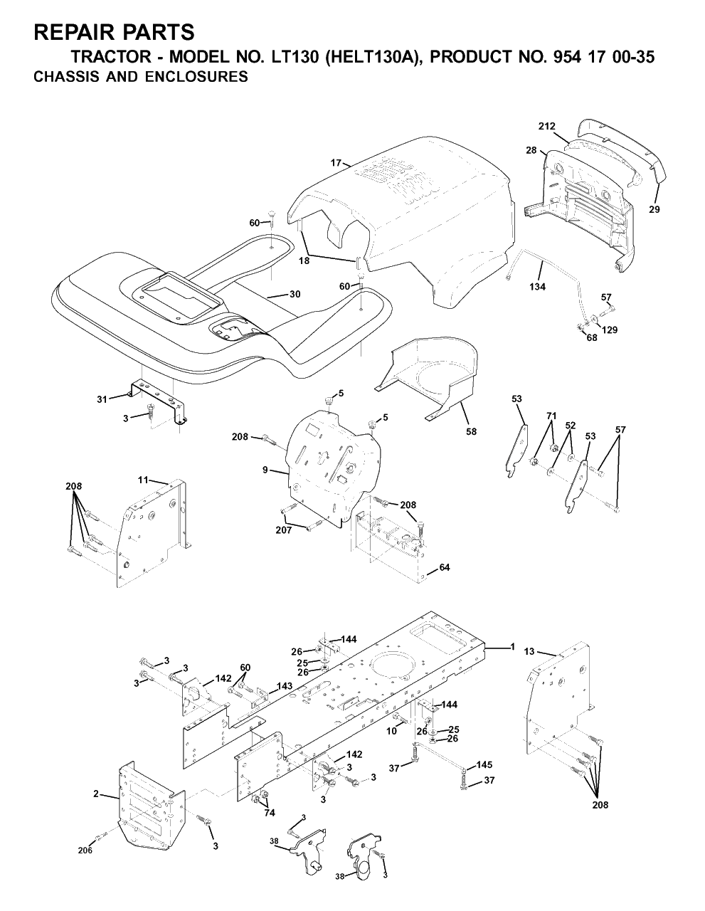 Chassis And Enclosures Diagram and Parts List for LT130 (954170035-A)(2001-01) Husqvarna Lawn Tractor