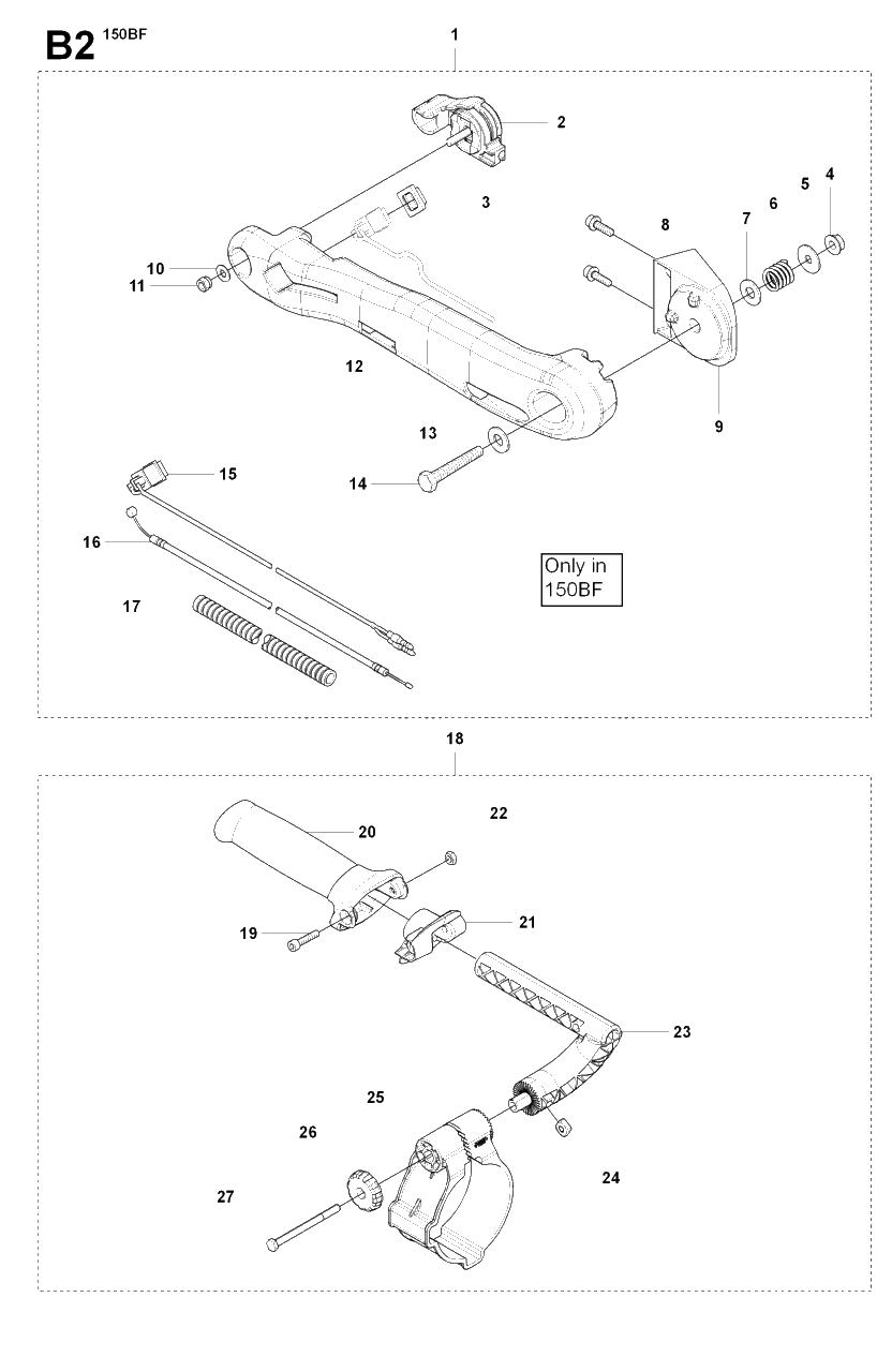 Handle And Controls Diagram and Parts List for 150BF 20084000001 & Above Husqvarna Leaf Blower / Vacuum