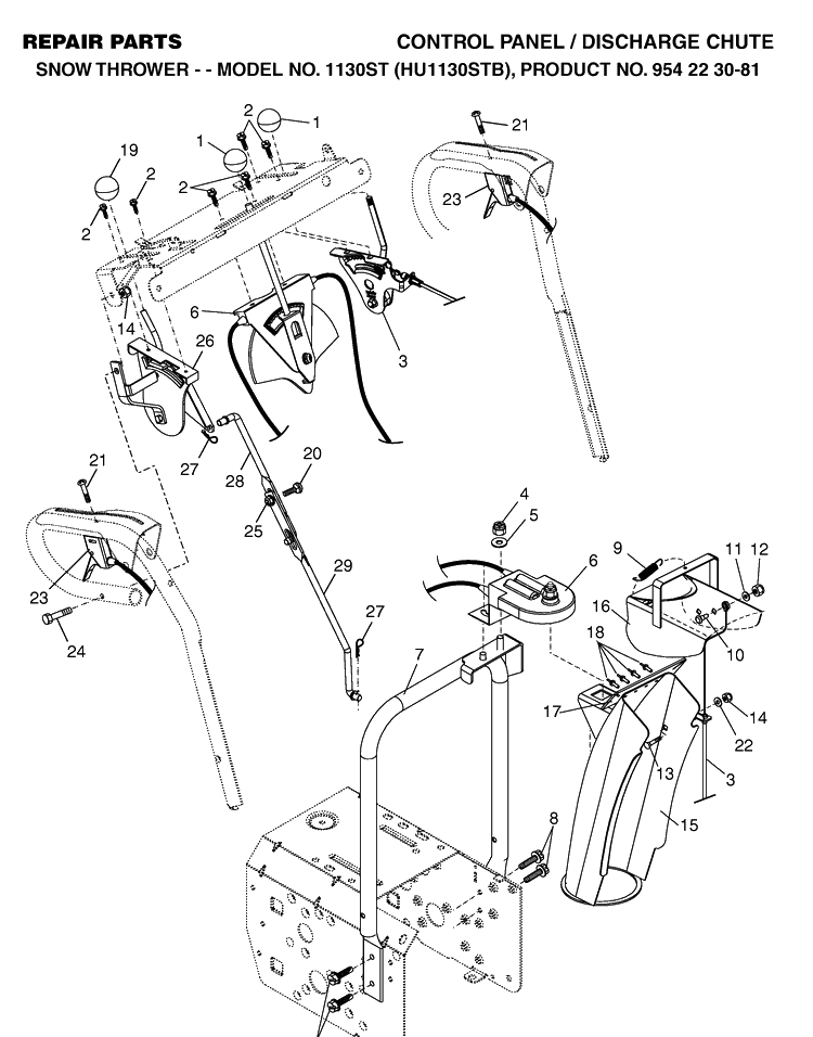 Control Panel And Discharge Chute Diagram and Parts List for 1130ST (HU1130STB)(2004-03) Husqvarna Snow Blower