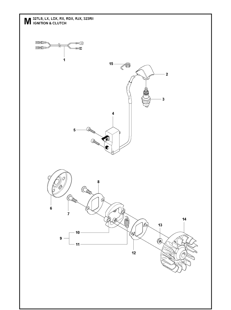 Ignition System And Clutch Diagram and Parts List for 327LDX 20120100001-Current Husqvarna Edger