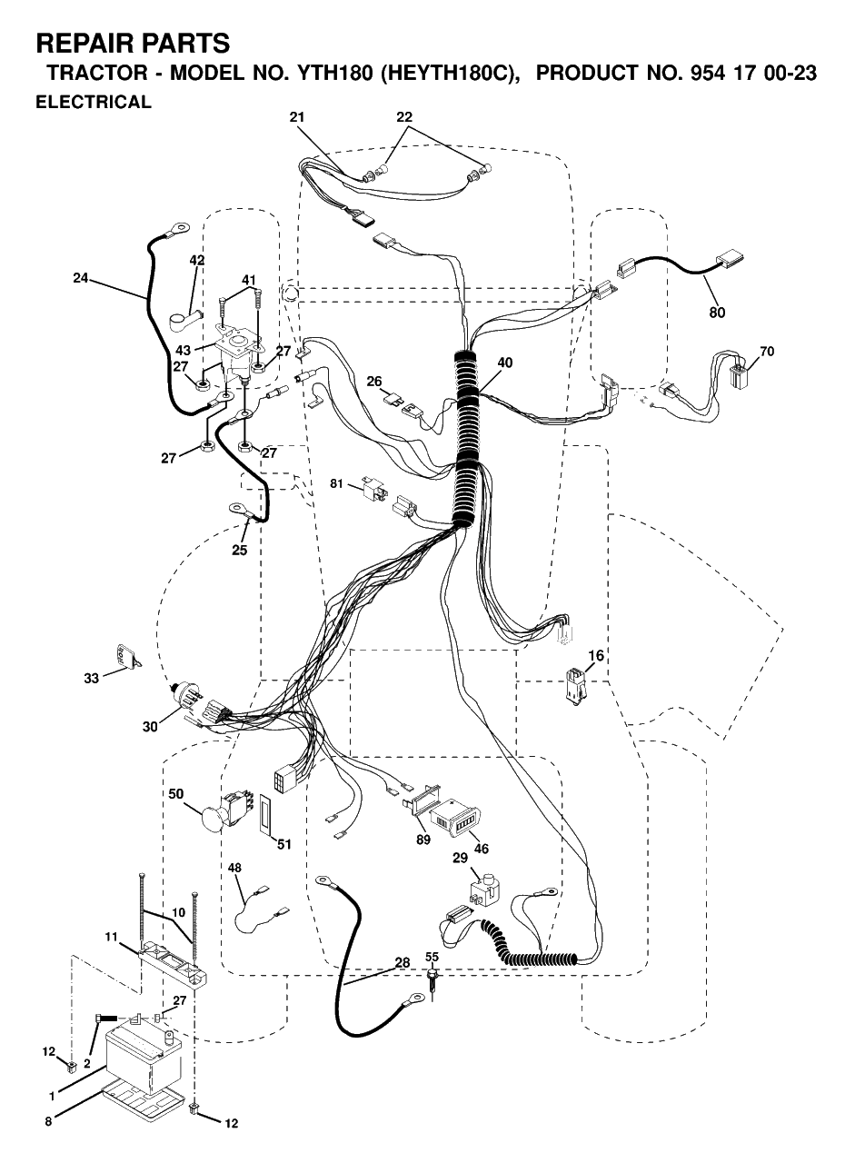 Electrical Diagram and Parts List for YTH180 (954170023-C)(2000-03) Husqvarna Lawn Tractor