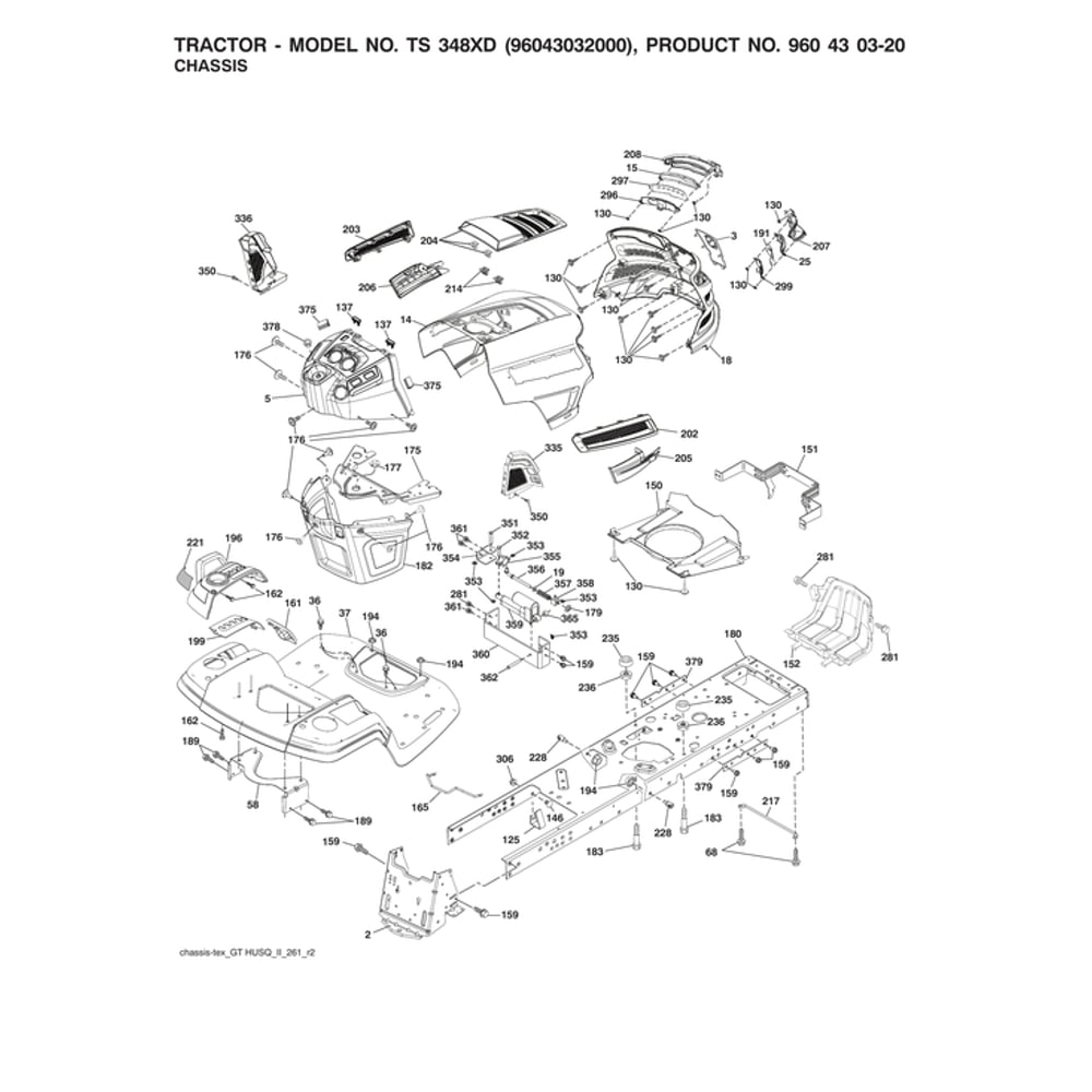 Chassis Diagram and Parts List for 96043032000  Husqvarna Lawn Tractor