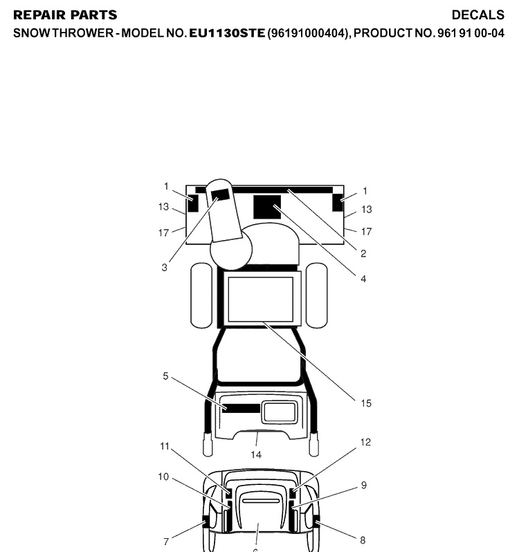 Decals Diagram and Parts List for 1130STE (96191000404)(2007-01) Husqvarna Snow Blower