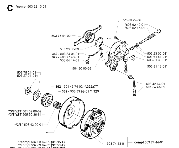 Clutch And Oil Pump Diagram and Parts List for 372XP/ (XPG)(20034000001-20051800000) Husqvarna Chainsaw