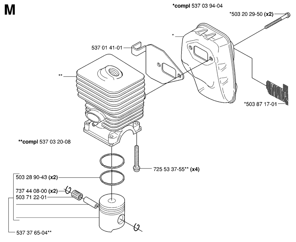 Cylinder, Piston And Muffler Diagram and Parts List for 325HDA55X 20053600001 - 20054000000 Husqvarna Hedge Trimmer