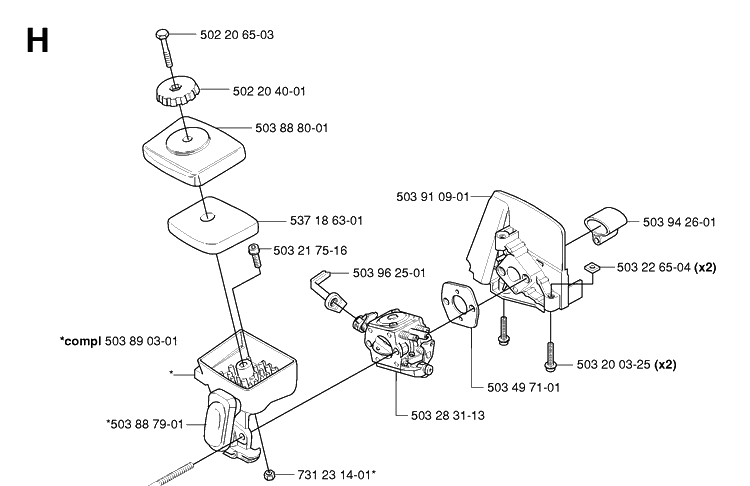 Carburetor And Air Filter Diagram and Parts List for 325HA110 20054000001-20040100000 Husqvarna Hedge Trimmer