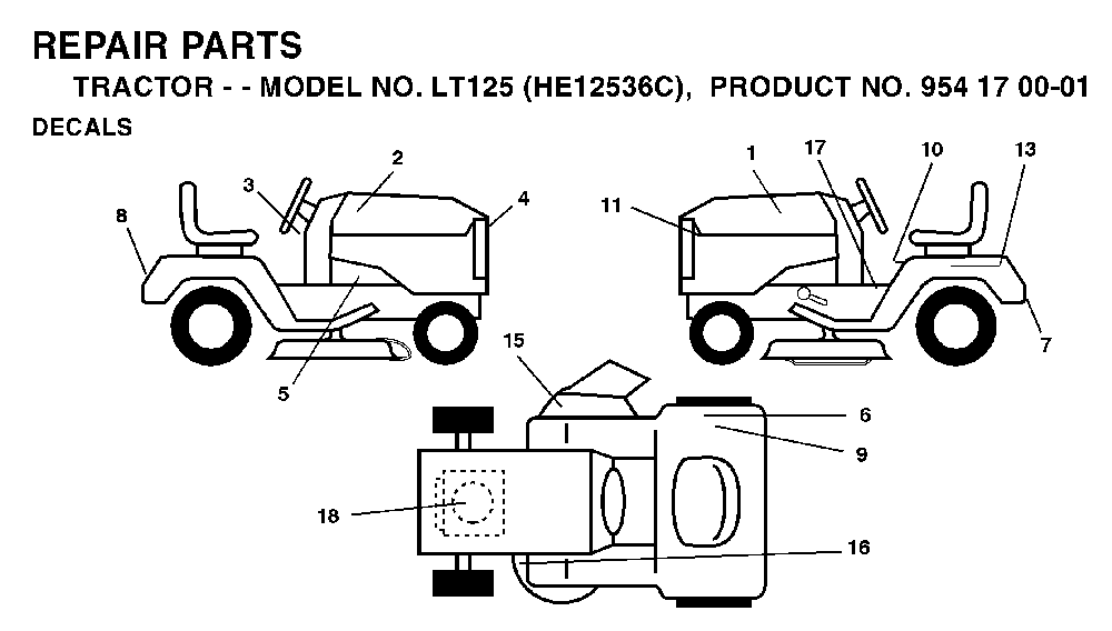 Decals Diagram and Parts List for LT125 (HE12536C, 954170001)(1996-01) Husqvarna Lawn Tractor
