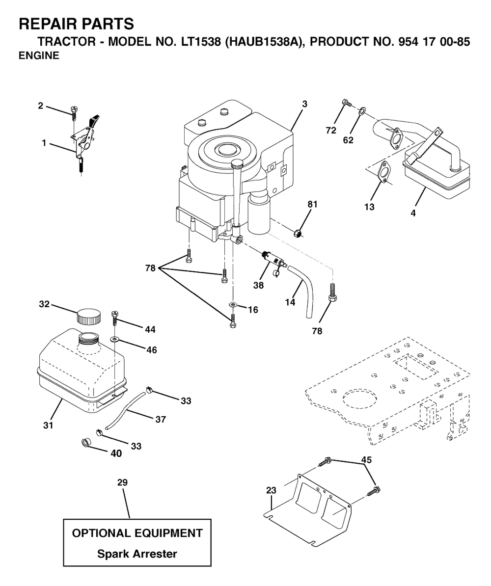 Engine Diagram and Parts List for LT1538 (954170085-A)(2003-01) Husqvarna Lawn Tractor