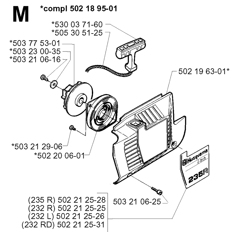 Starter Diagram and Parts List for 232L 19980100001-20001400000 Husqvarna Edger