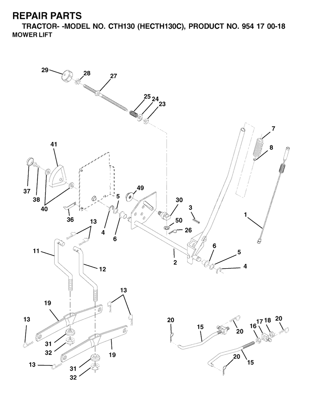 Mower Lift / Deck Lift Diagram and Parts List for CTH130 (954170018-C)(2001-02) Husqvarna Lawn Tractor