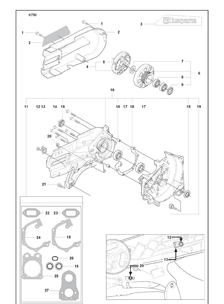 Clutch Assy And Driving Pulley Assy And Crankcase Assy And Gasket Kit Diagram and Parts List for K750 2008-10 Husqvarna Lawn Tractor Accessories