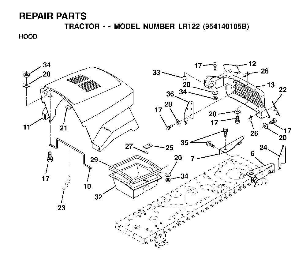 Hood Diagram and Parts List for LR122 (954140105B)(2000-01) Husqvarna Lawn Tractor