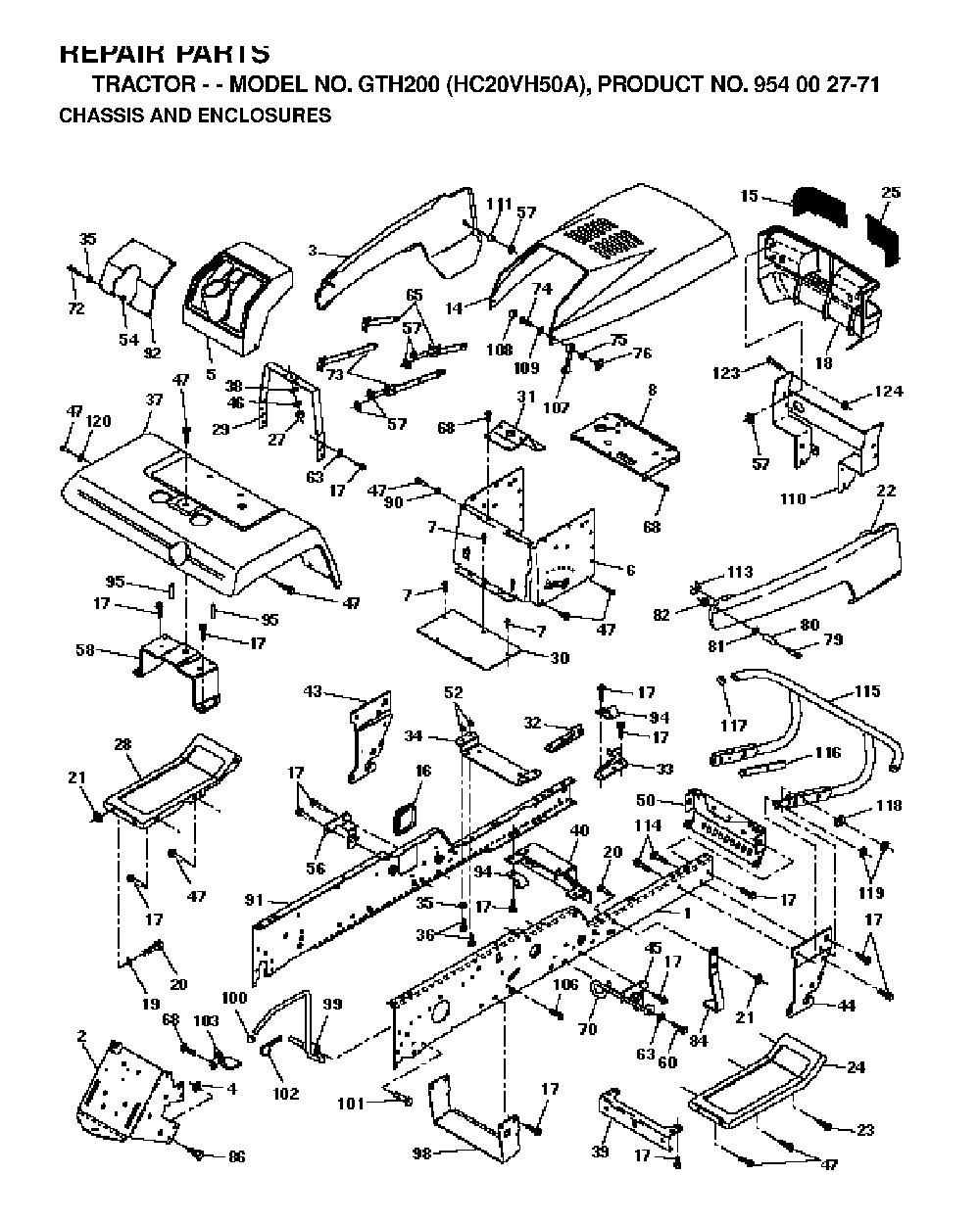 Chassis And Enclosures Diagram and Parts List for GTH200 (HC20VH50A, 954002771)(1996-04) Husqvarna Lawn Tractor