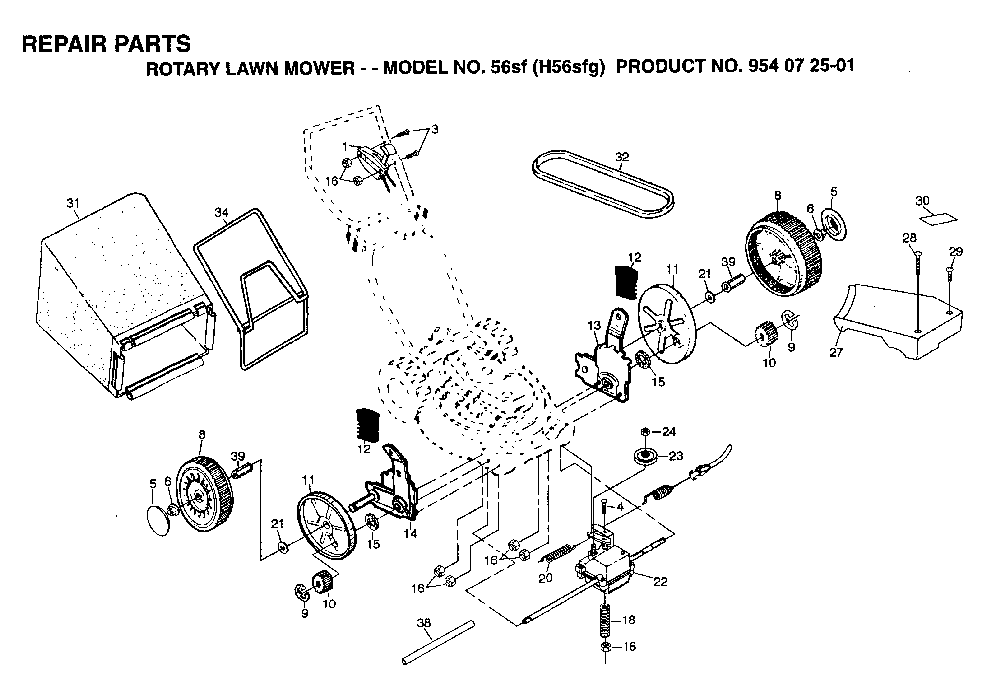 Repair Parts Diagram and Parts List for 56SF (H56SFG, 954072501)(1995-03) Husqvarna Lawn Mower