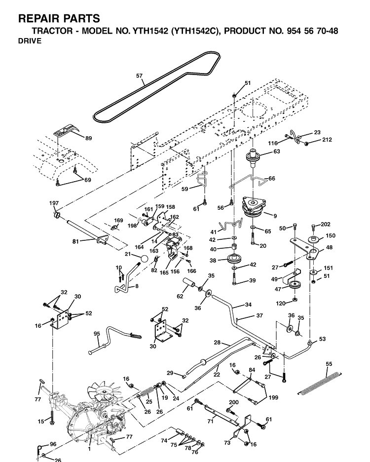 Drive Diagram and Parts List for YTH1542 (954567048)(2001-04) Husqvarna Lawn Tractor