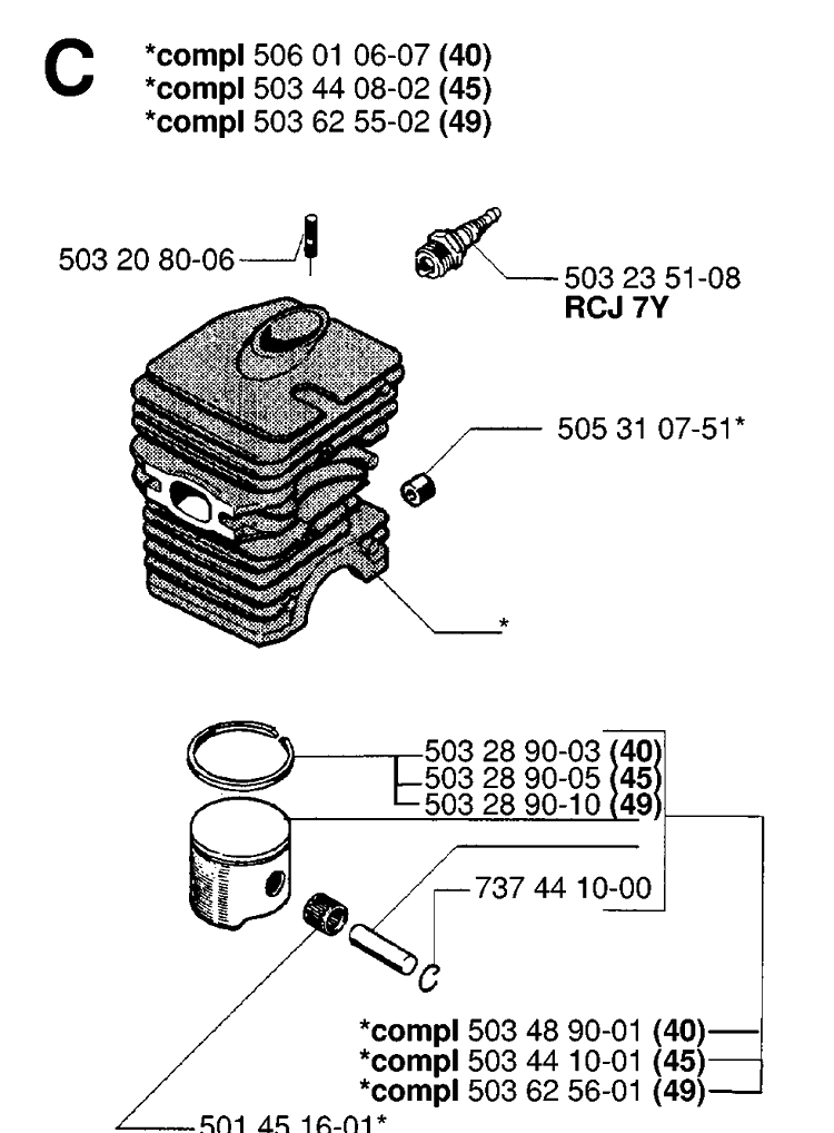 Cylinder Piston Diagram and Parts List for 49 19981800001-20013499999 Husqvarna Chainsaw