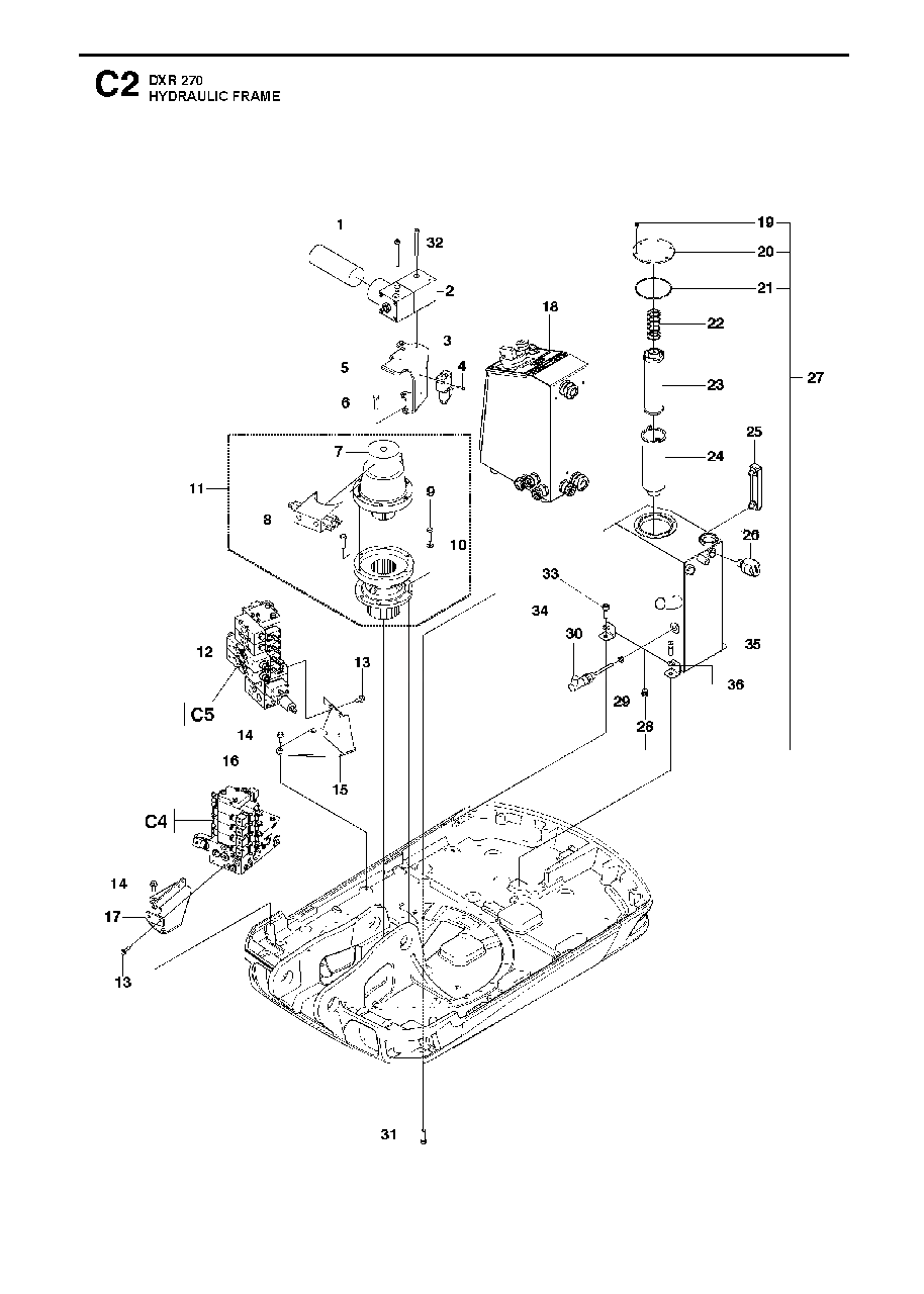 Hydraulic Frame Diagram and Parts List for DXR270 (1 & Above)(2013-08) Husqvarna Demolition Hammer