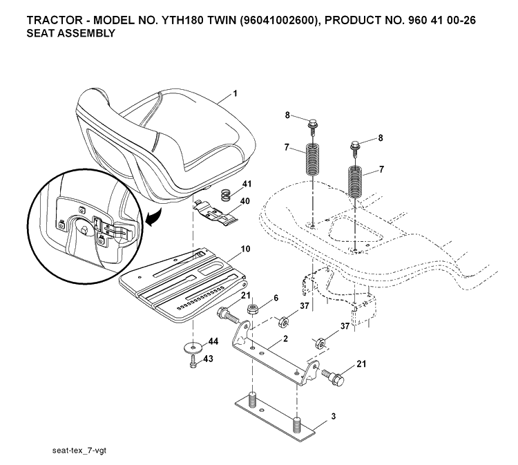 Seat Diagram and Parts List for YTH180 (96041002600)(2007-02) Husqvarna Lawn Tractor