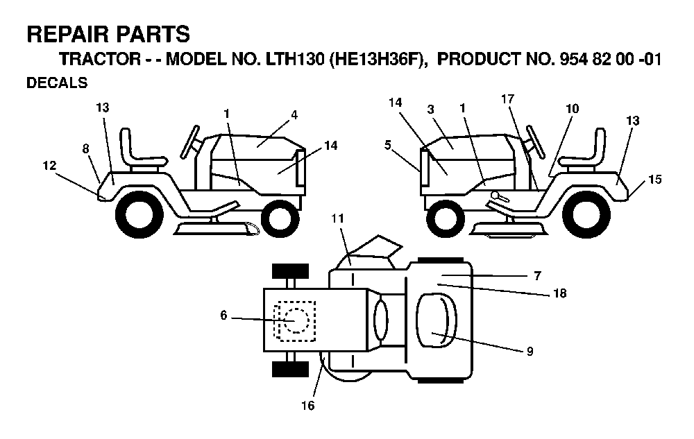 Decals Diagram and Parts List for LTH130 (HE13H36F, 954820001)(1998-12) Husqvarna Lawn Tractor
