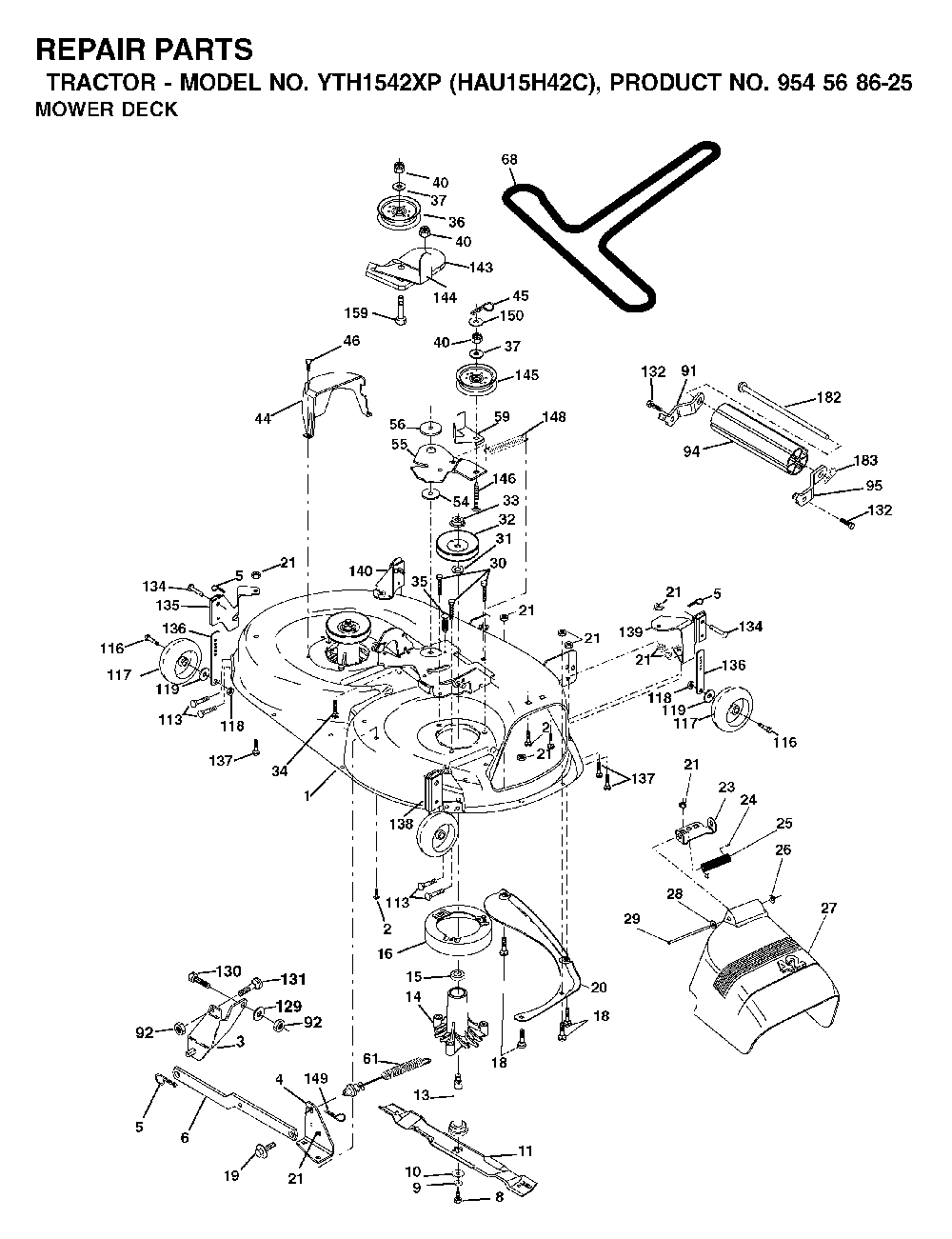 Mower Deck / Cutting Deck Diagram and Parts List for YTH1542XP (HAU15H42C, 954568625)(2003-01) Husqvarna Lawn Tractor