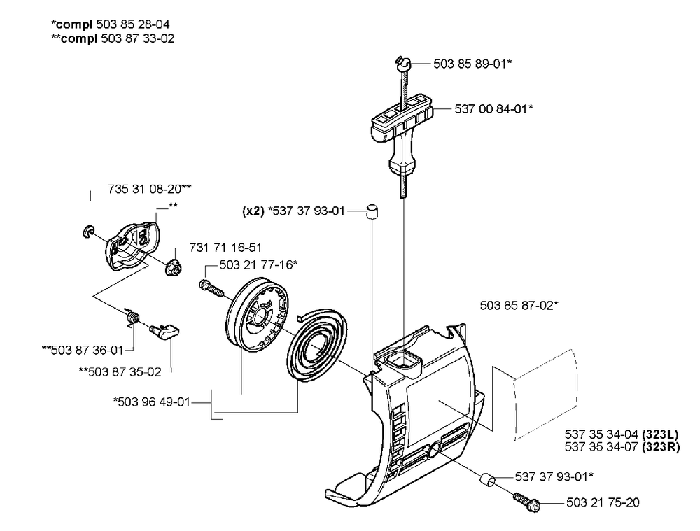 Starter Diagram and Parts List for 323L 2005-03 Husqvarna Trimmer