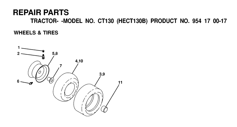 Wheels And Tires Diagram and Parts List for CT130 (954170017-B)(2000-02) Husqvarna Lawn Tractor
