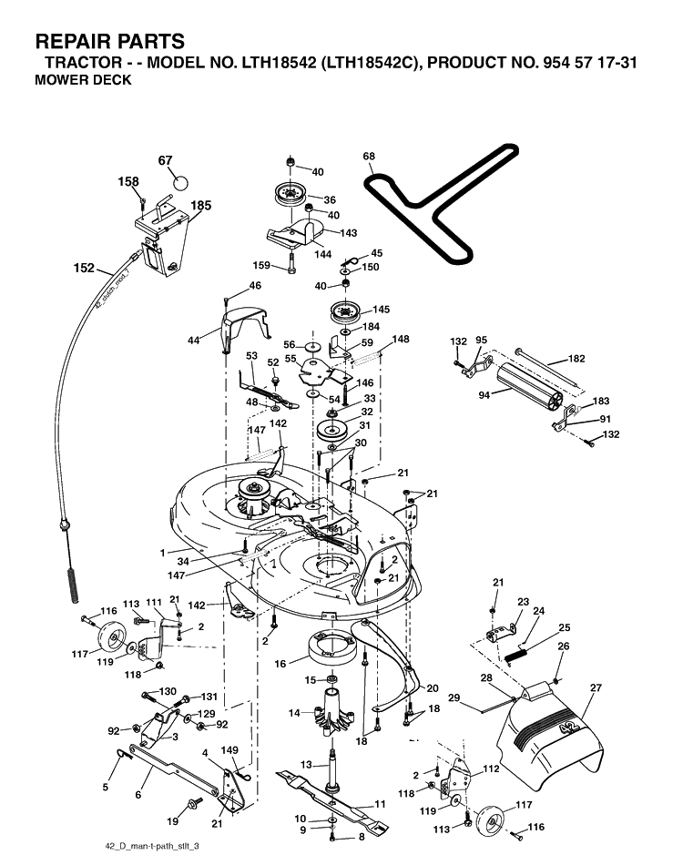 42inch Cutting Deck Diagram and Parts List for LTH18542-LTH18542C 2004-08 Husqvarna Lawn Tractor