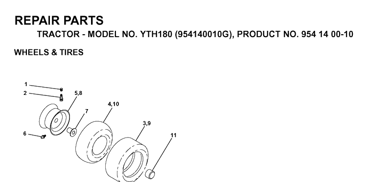 Wheels And Tires Diagram and Parts List for YTH180 (954140010G)(1998-10) Husqvarna Lawn Tractor