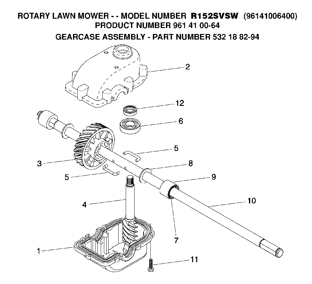 Gear Case Diagram and Parts List for R152SVSW (96141006400, 961410064)(2006-02) Husqvarna Lawn Mower